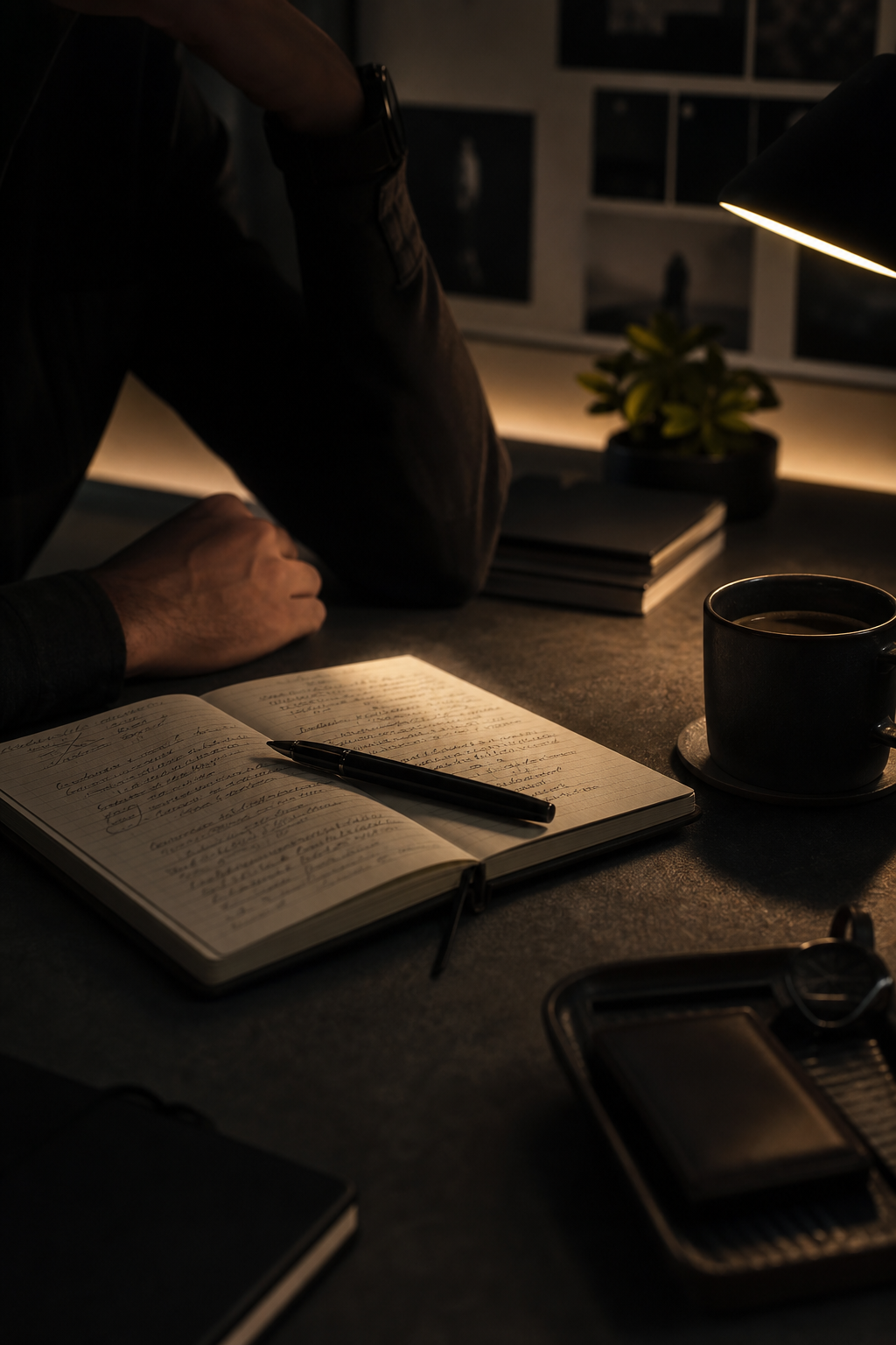Faceless cinematic workspace with an open journal, pen, and warm desk lamp under dark editorial lighting