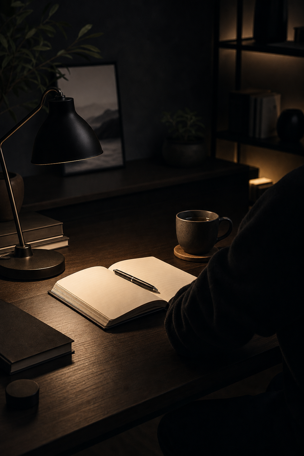 Faceless solitary reflection scene with a quiet desk and open notebook in low-key cinematic lighting