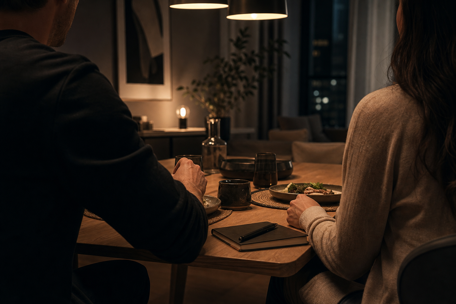 Faceless intimate relationship moment with two adults seen from behind sharing conversation at a warmly lit dinner table, hands visible near plates and notebooks, cinematic dark editorial mood