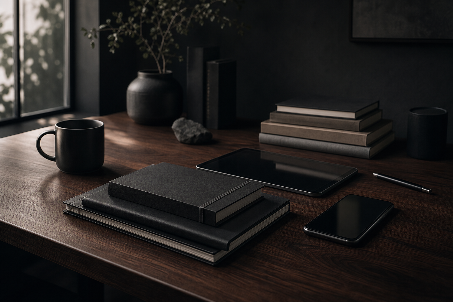 Faceless editorial workspace with dark wood desk, stacked notebooks and books, a tablet and phone, and soft moody window light