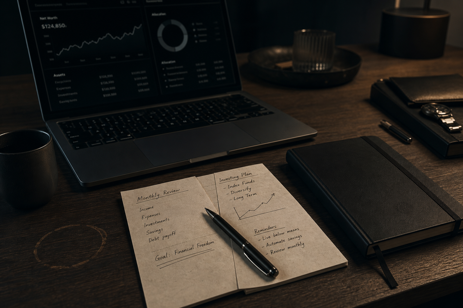 Faceless editorial desk scene with a laptop, handwritten budget notes, investment charts, and a pen beside a journal in moody low-key lighting