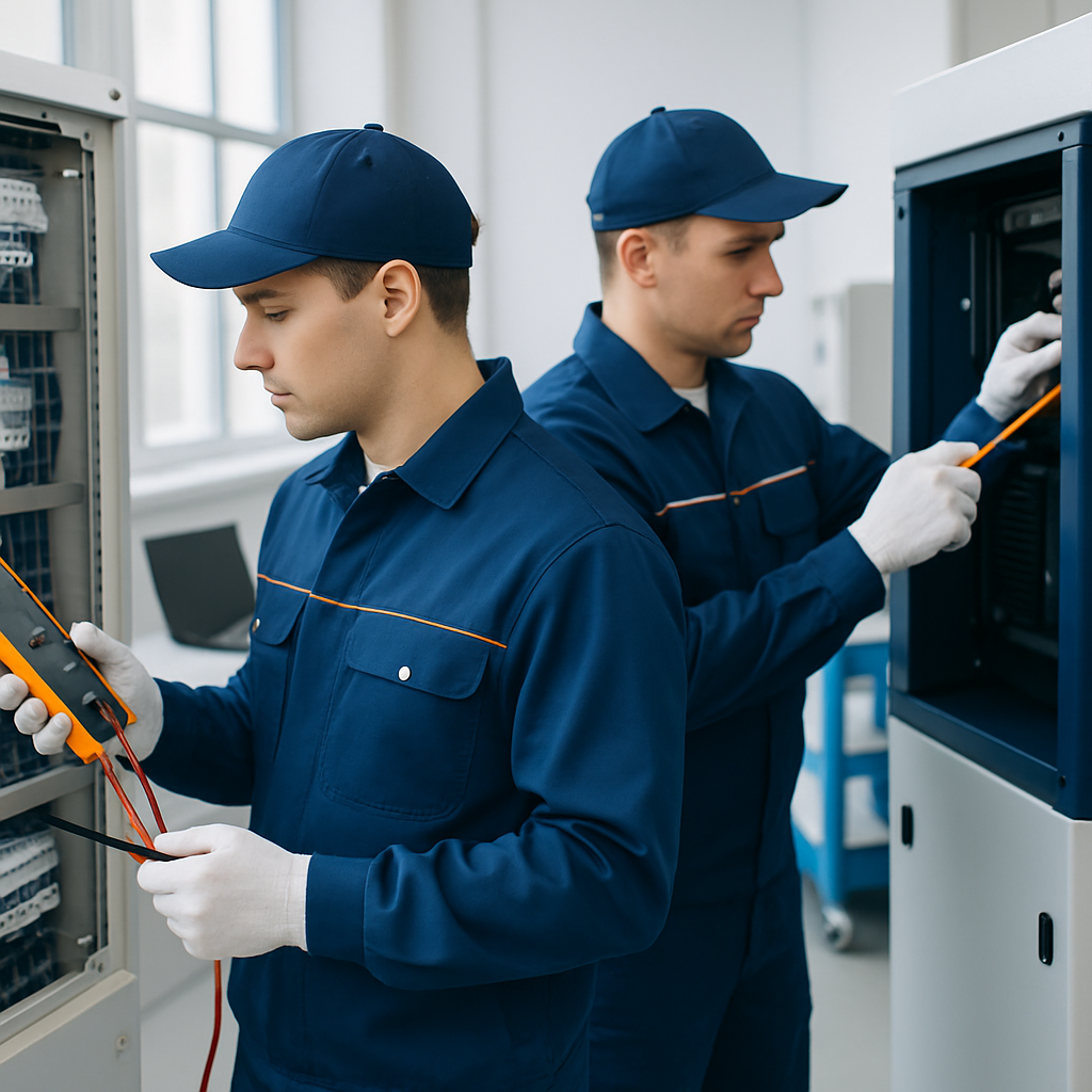 Profissionais técnicos em ação, uniformizados, realizando manutenção com equipamentos.