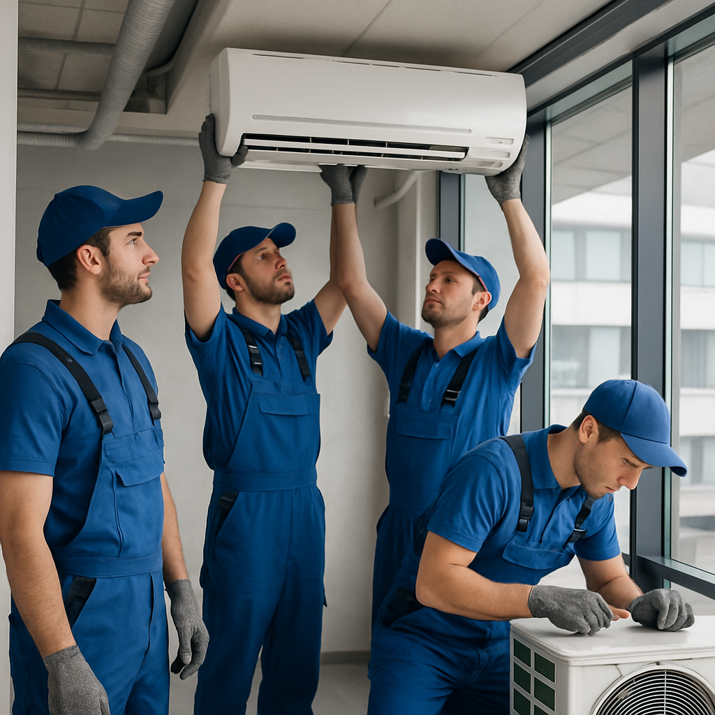 Equipe instalando ar-condicionado split em ambiente comercial moderno.