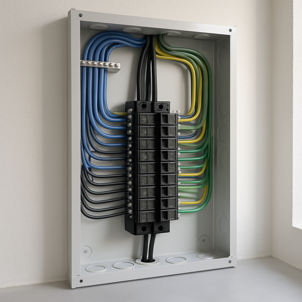 Painel elétrico residencial recém-instalado, cabos organizados, acabamento profissional.