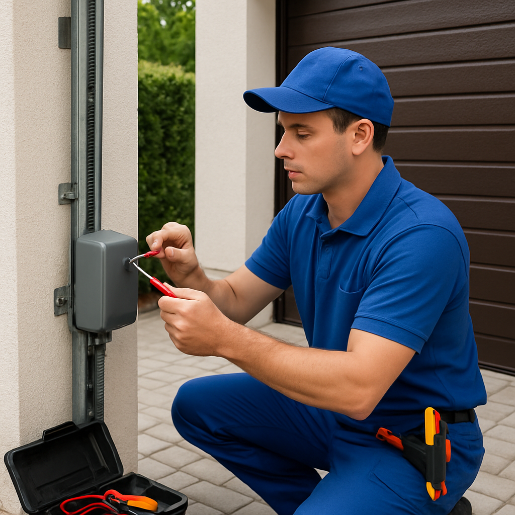 Portão eletrônico de garagem sendo revisado por técnico uniformizado.