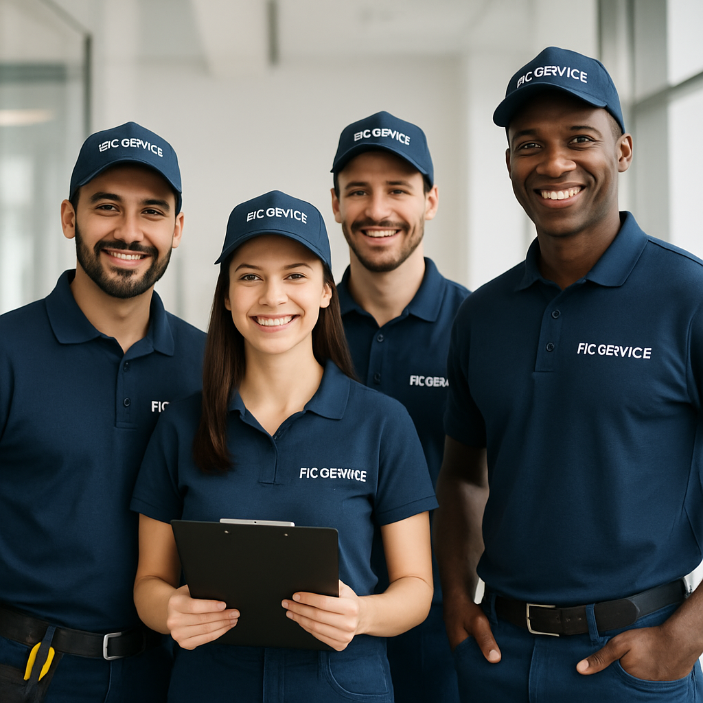Equipe técnica da FG Service em ação, uniformizados e sorrindo em ambiente profissional