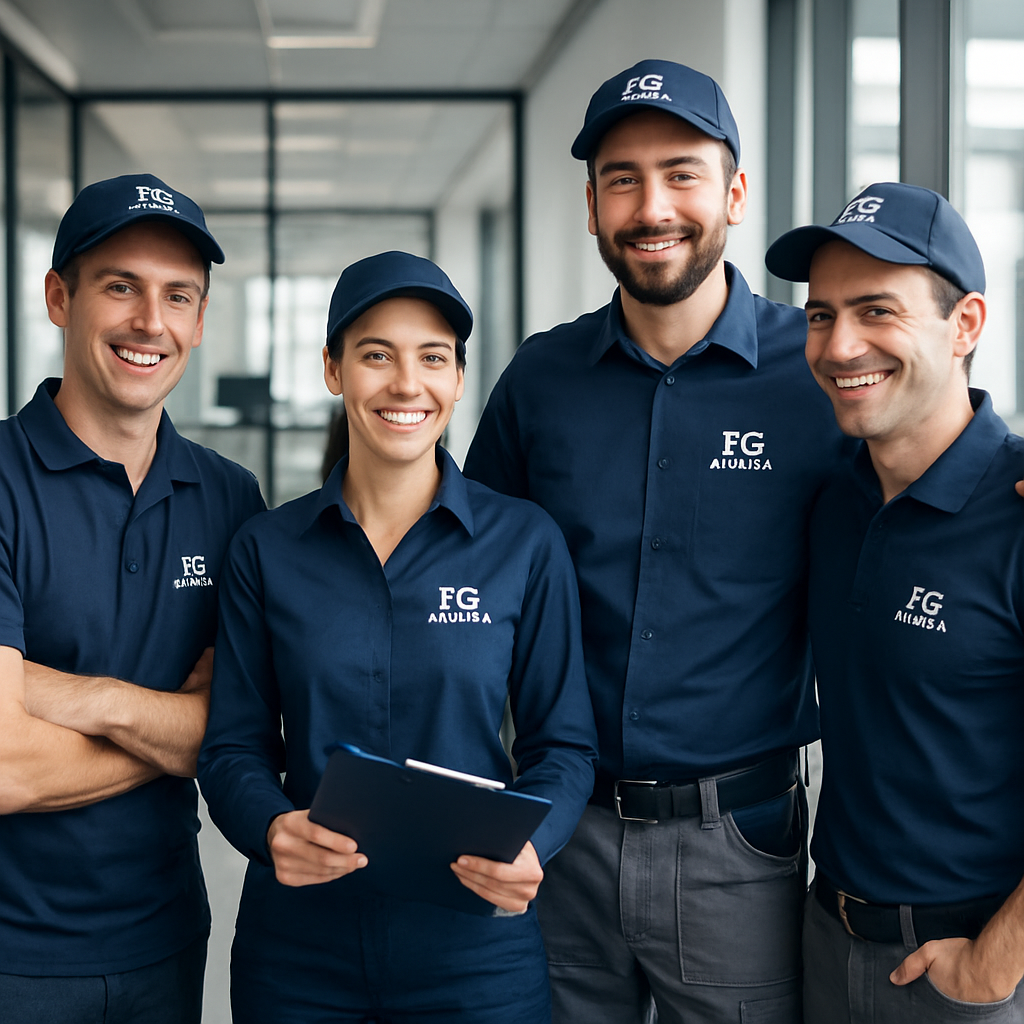 Equipe técnica da FG Service em ação, uniformizados e sorrindo em ambiente profissional