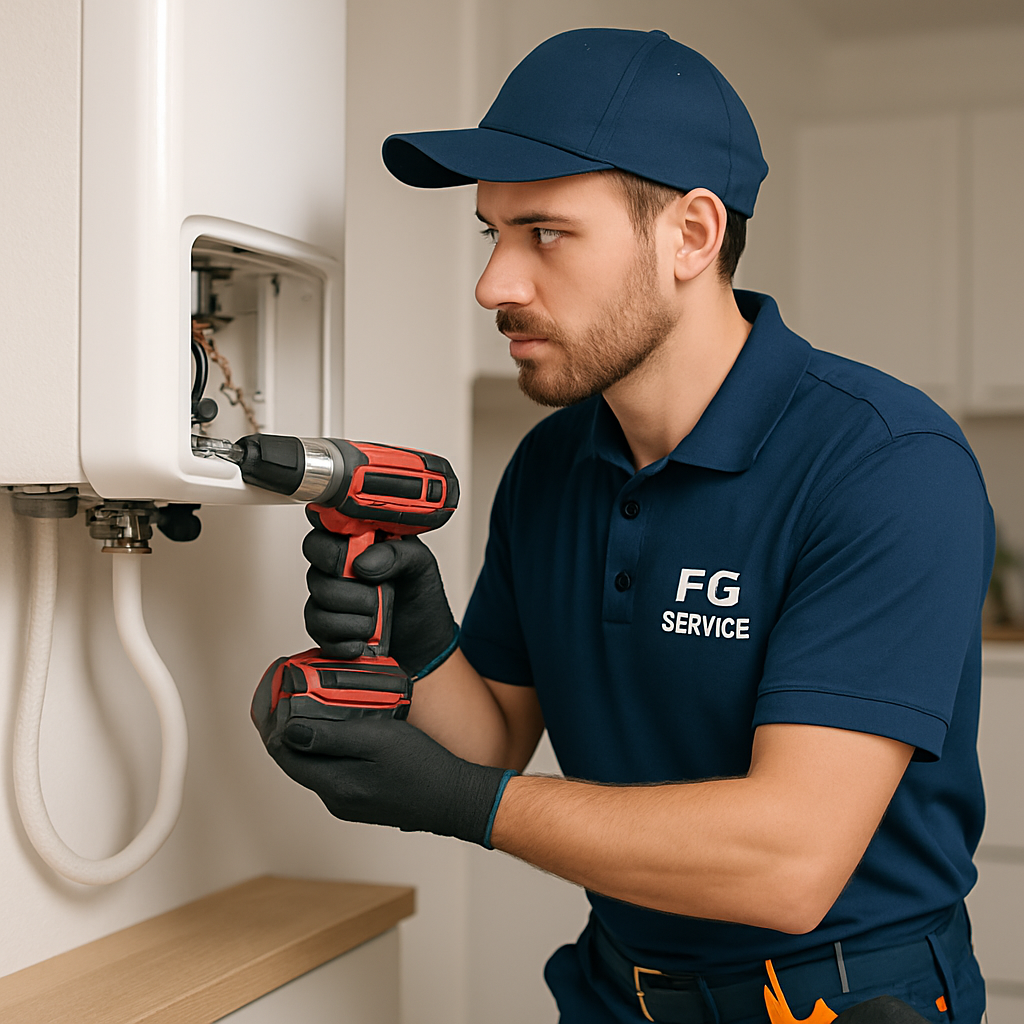 Profissional de manutenção realizando serviço técnico em equipamento residencial