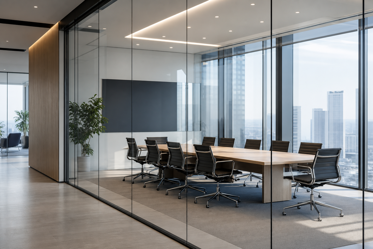 Polished contemporary business environment with glass meeting room, clean desk surfaces, and subtle corporate lighting
