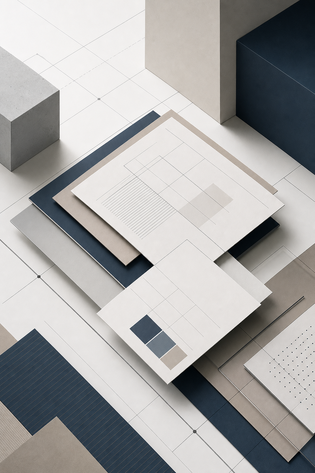 Abstract editorial illustration of layered business documents, geometric blocks, and architectural guide lines in a restrained corporate style.