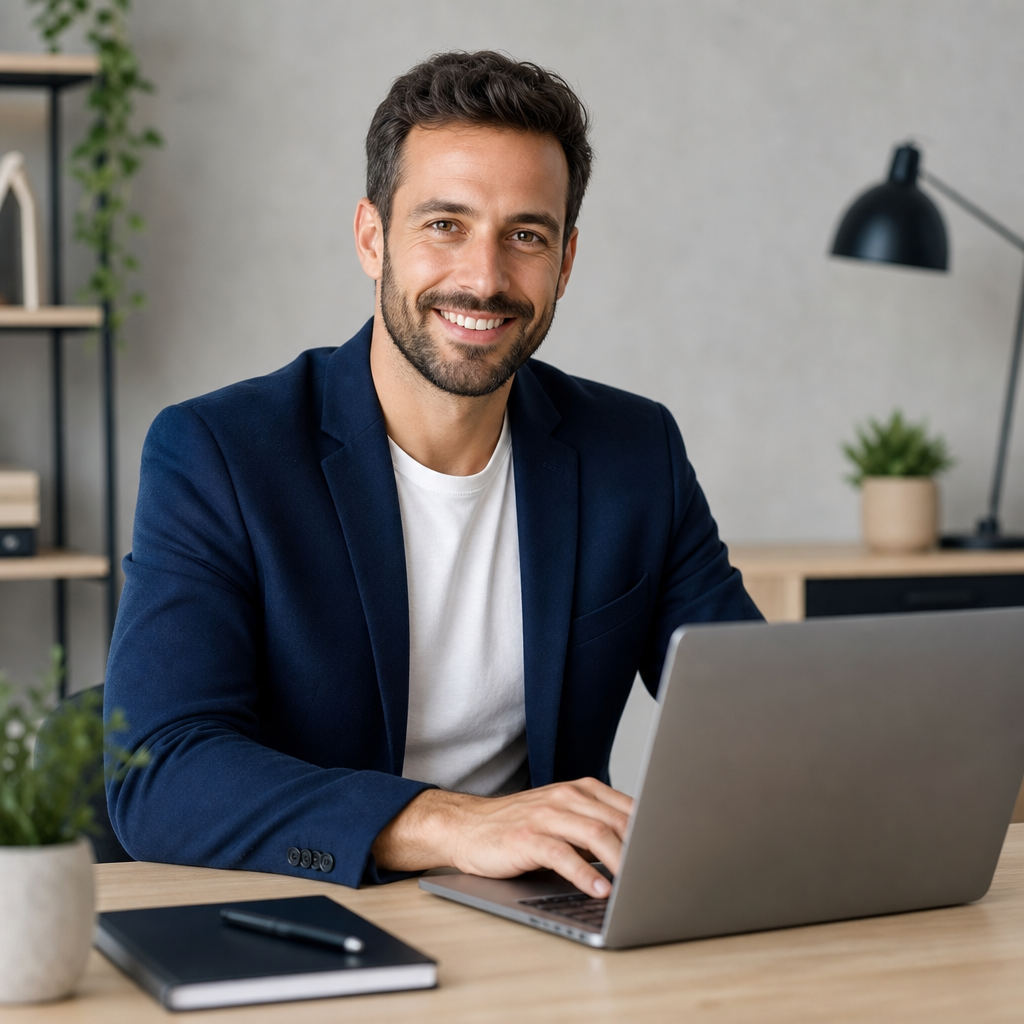Professional freelance web designer in a modern studio, wearing a navy blazer and warm smile, seated at a laptop with minimal desk setup