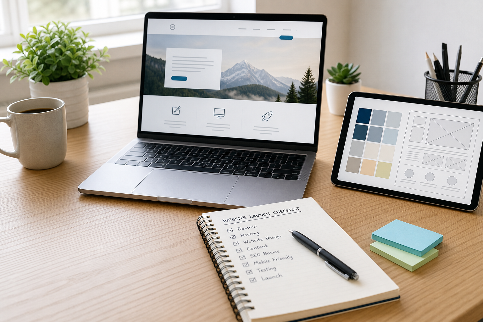 Modern freelancer workspace with a laptop displaying a clean website draft, a tablet showing a color palette, and a notebook with a launch checklist