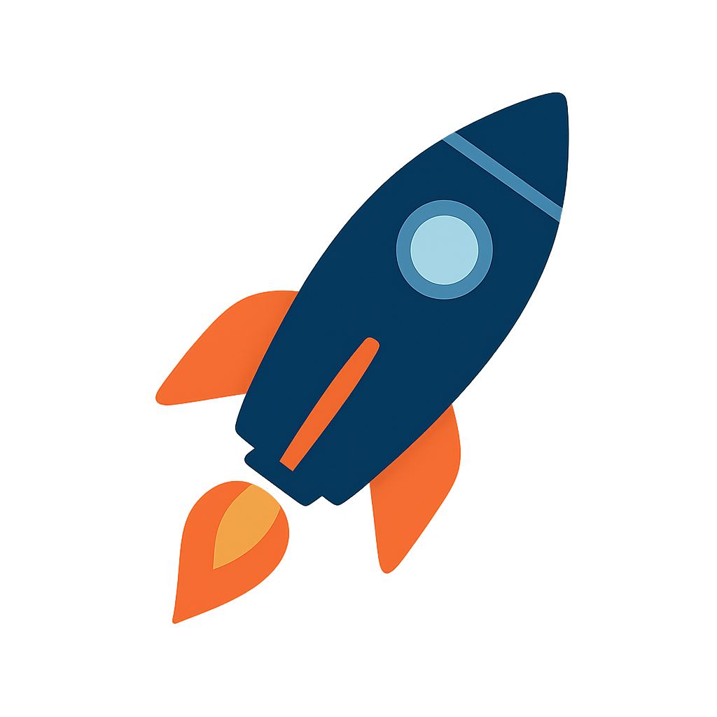 Small rocket icon ornament with navy body and orange accents