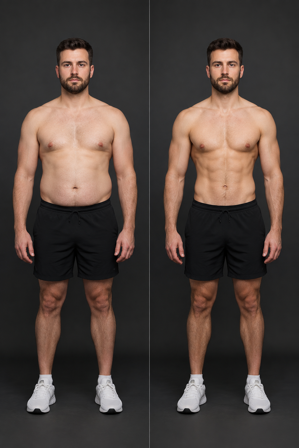 After: the same adult male client, visibly leaner through the waist with improved muscle definition, in a matching neutral studio portrait.