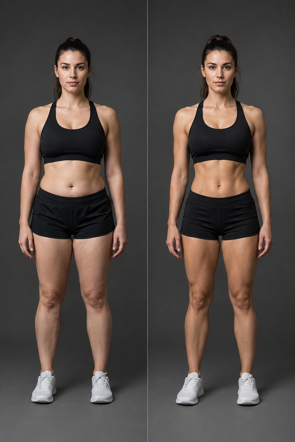 After: the same adult female client, visibly leaner with stronger leg and shoulder definition, in a matching neutral studio portrait.