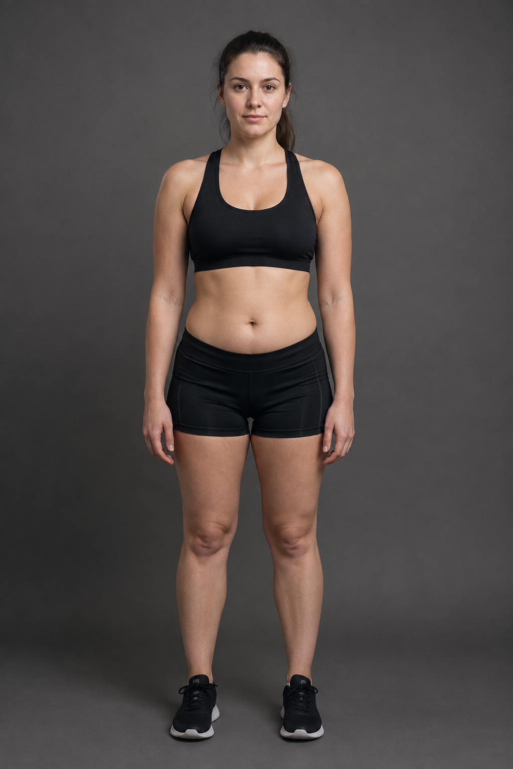 Before: adult female client with a soft midsection and modest muscle definition, standing in a neutral studio portrait.