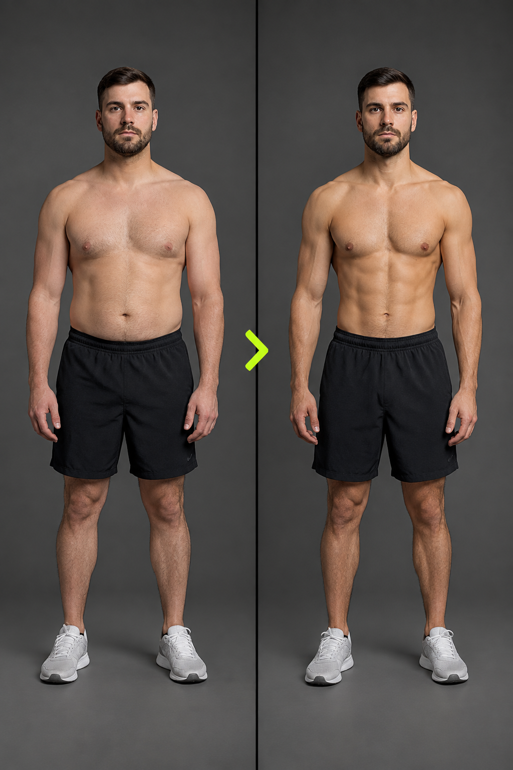 After: the same adult male client, with a visibly slimmer waist and more defined upper body, in a matching neutral studio portrait.