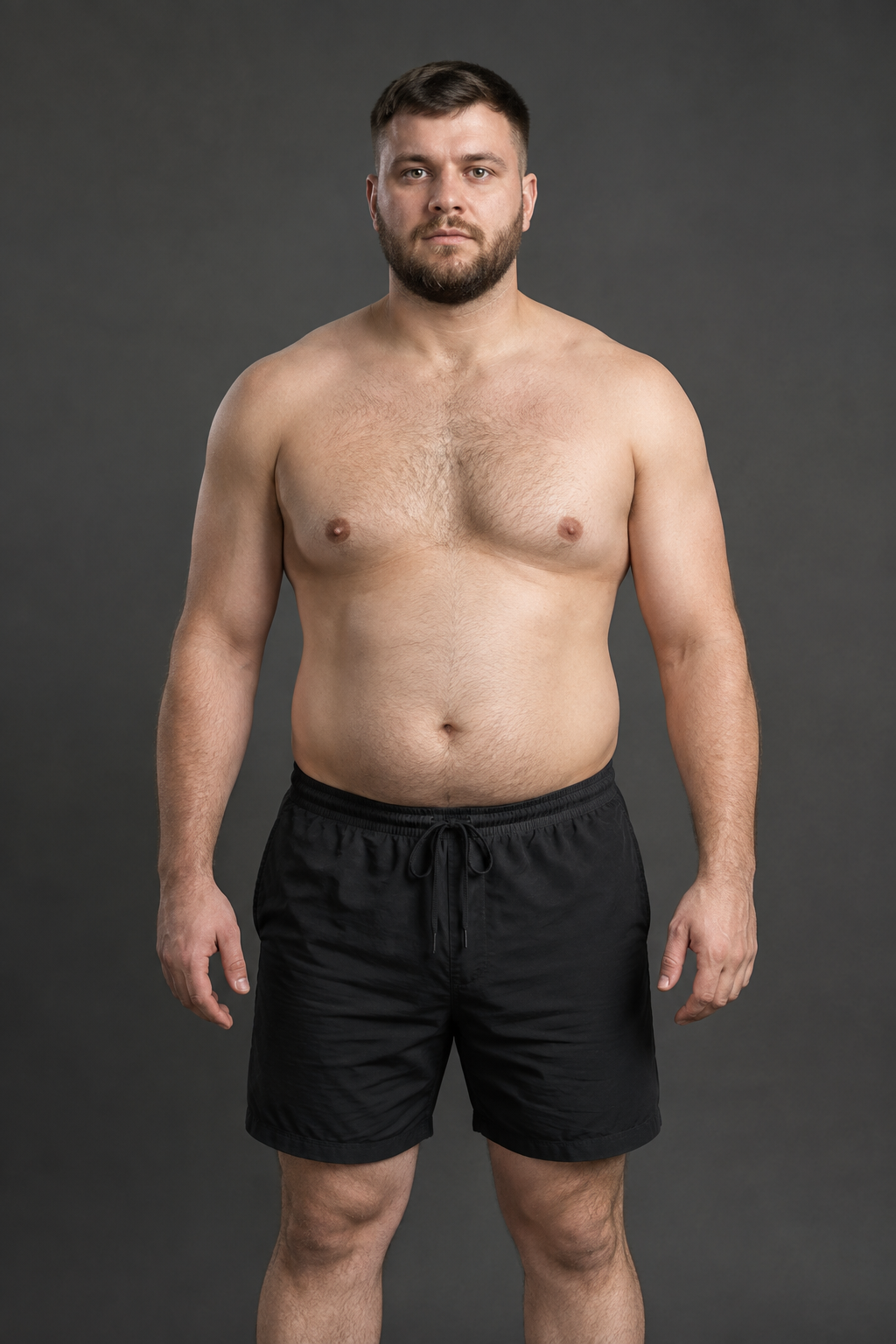 Before: adult male client with a stockier build and limited visible muscle definition, standing in a neutral studio portrait.