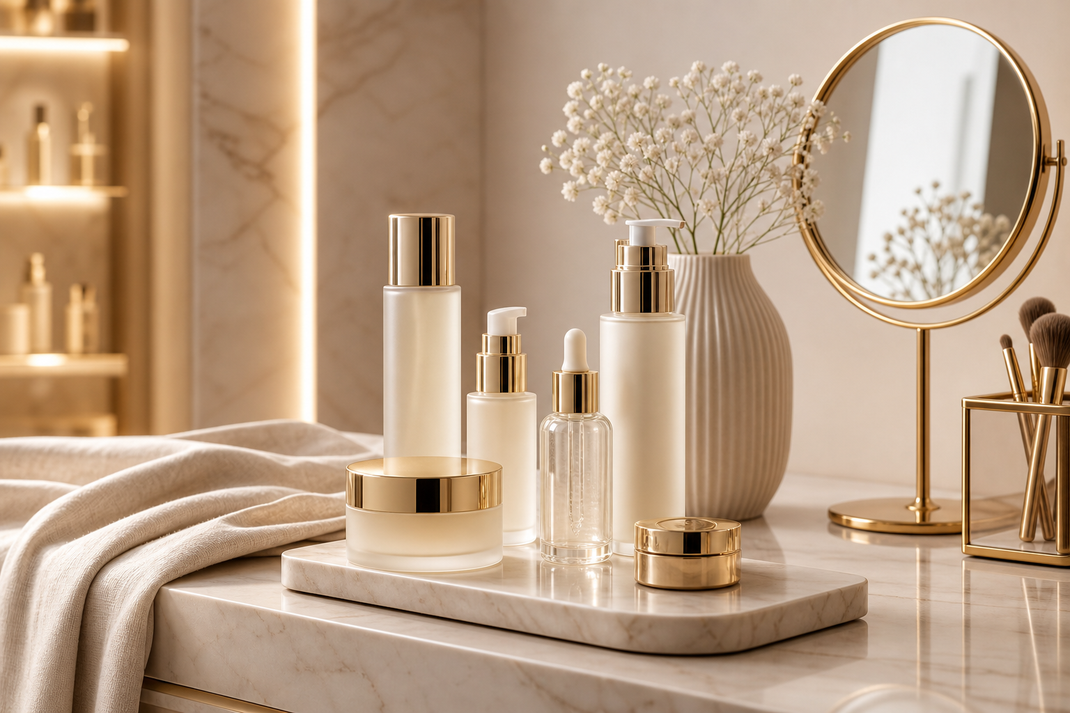 Elegant beauty atelier with warm beige marble counter, gold accents, and curated skincare bottles arranged beside a soft linen cloth