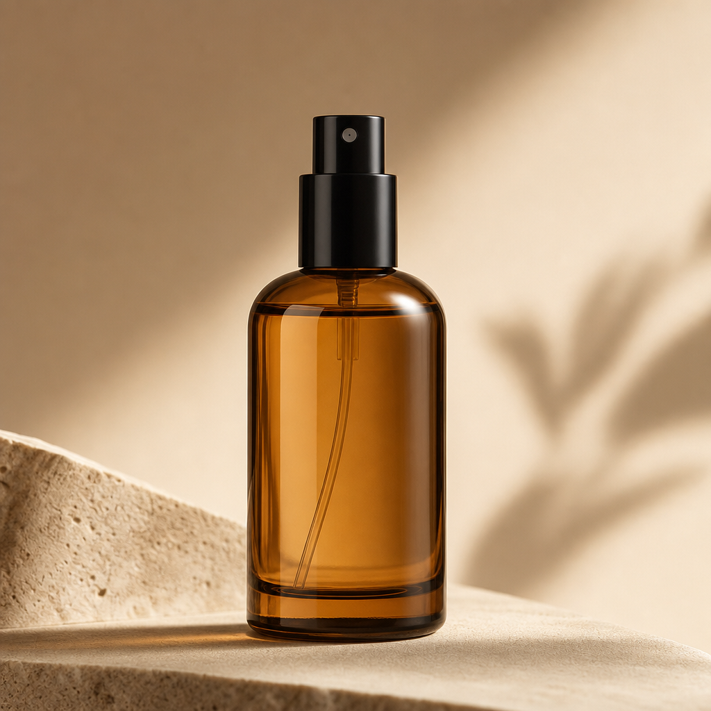 Minimal amber-tinted fragrance spray bottle with black atomizer