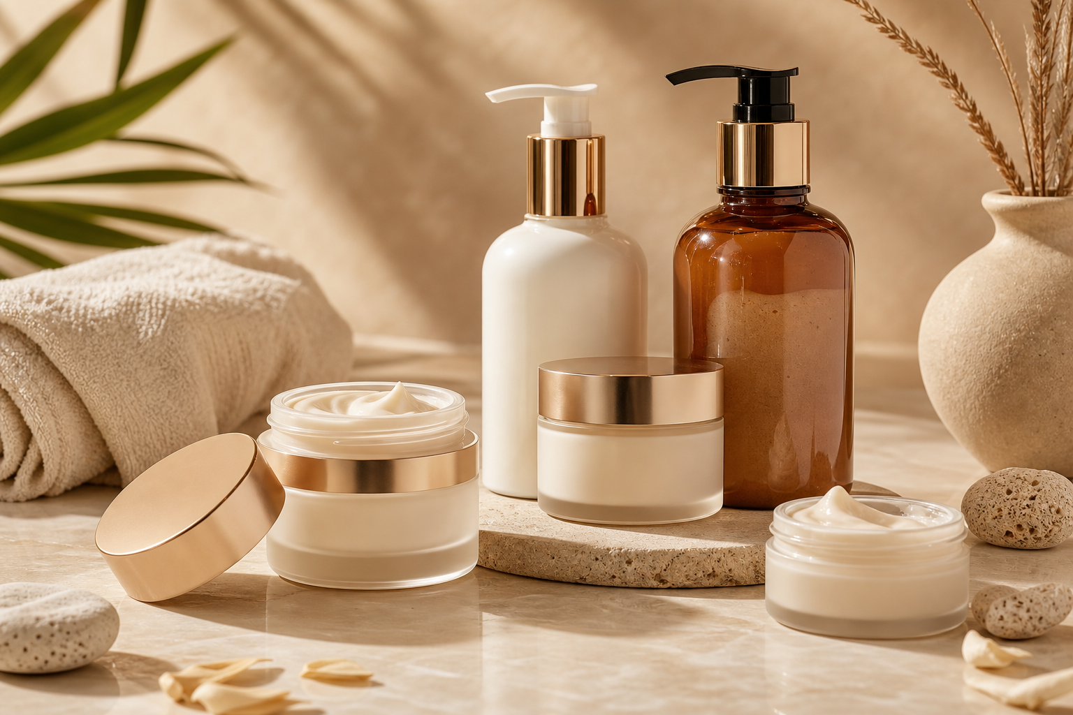 luxury body care jars and lotions with creamy textures
