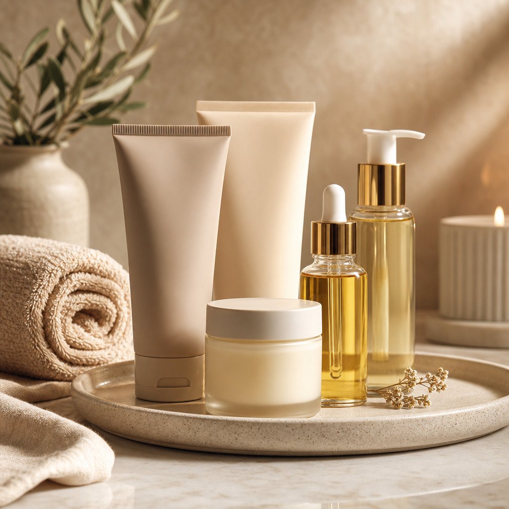 Body care creams and oils with warm beige towels and ceramic tray