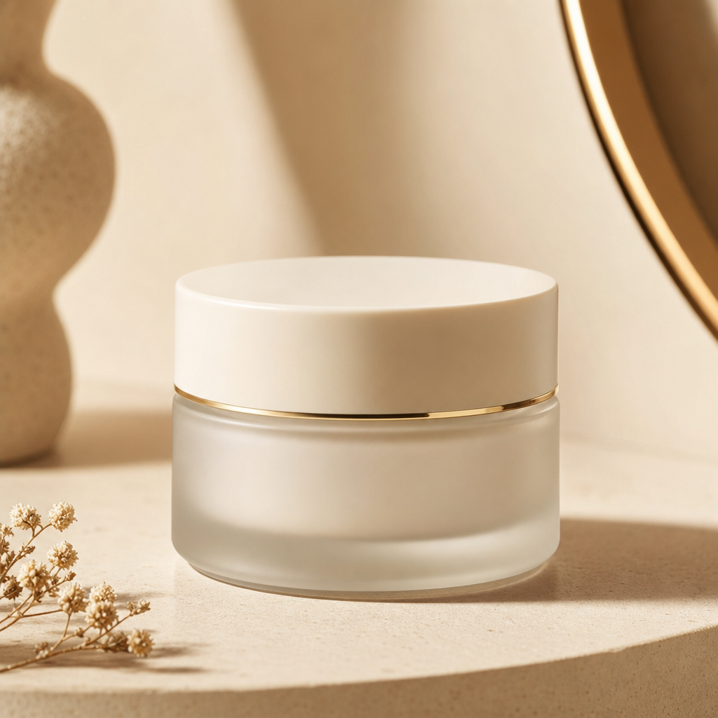Round moisturizer jar with frosted glass and soft ivory lid