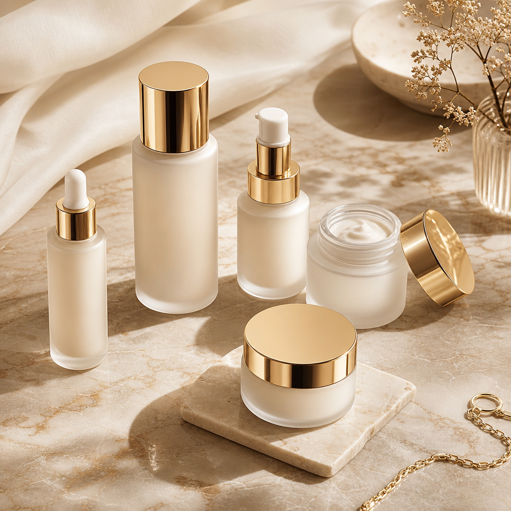 Luxury skincare bottles and jars arranged on a warm beige marble surface