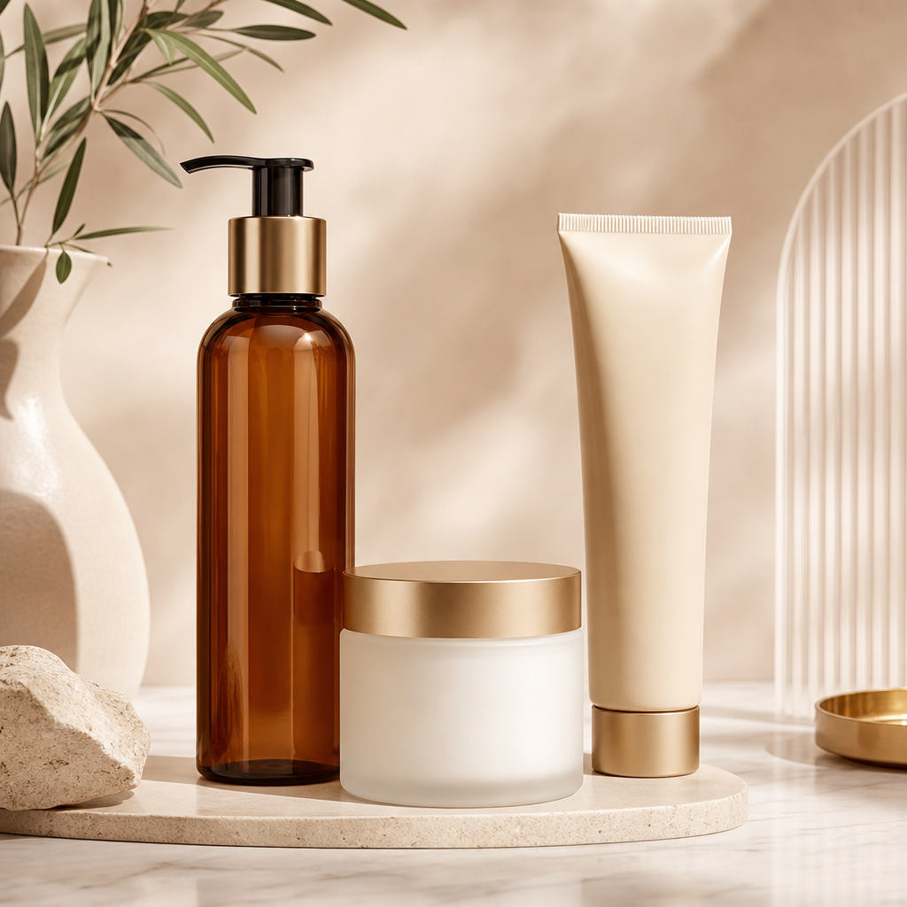 Assortment of skincare and haircare bottles in warm neutral tones arranged upright