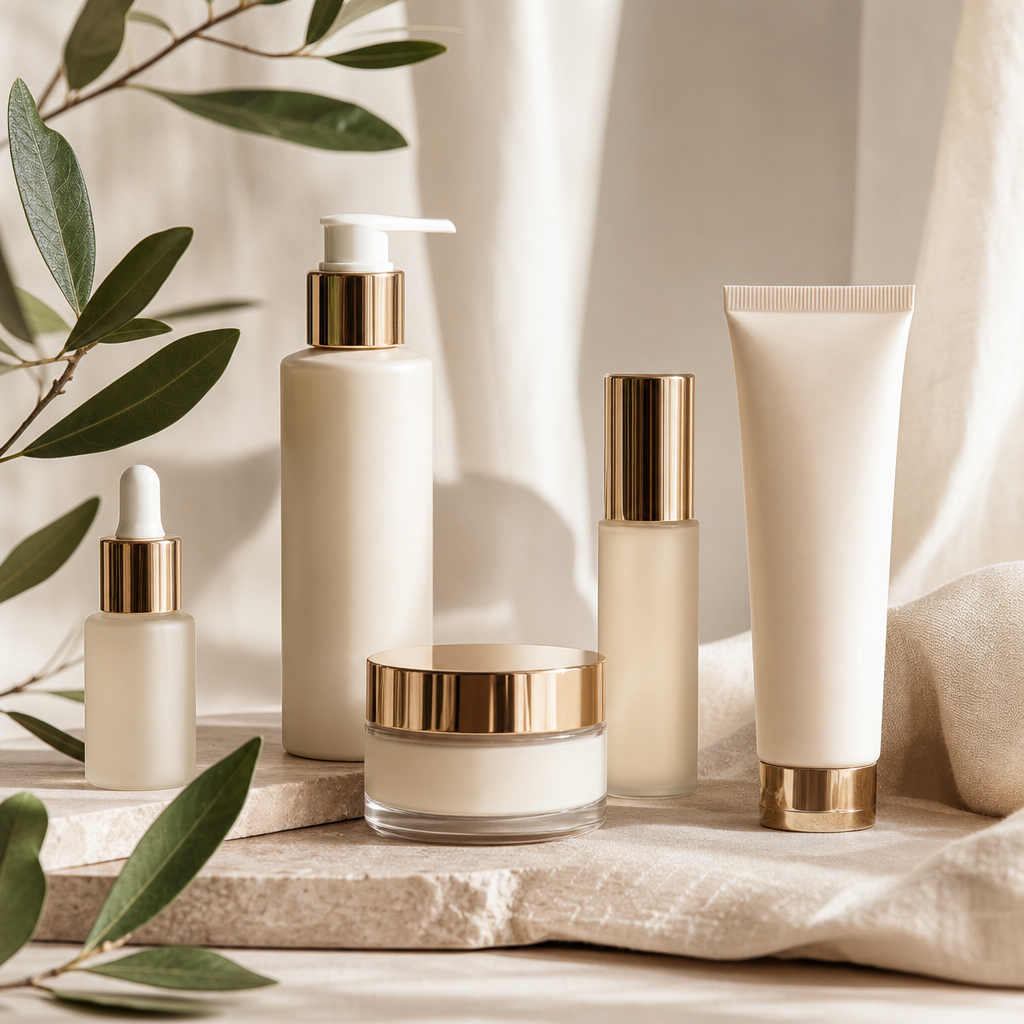 Soft neutral skincare bottles with botanical leaves and a light linen backdrop