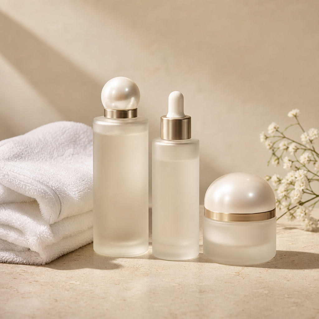 minimal skincare trio with frosted glass bottles and pearl caps arranged beside a white towel