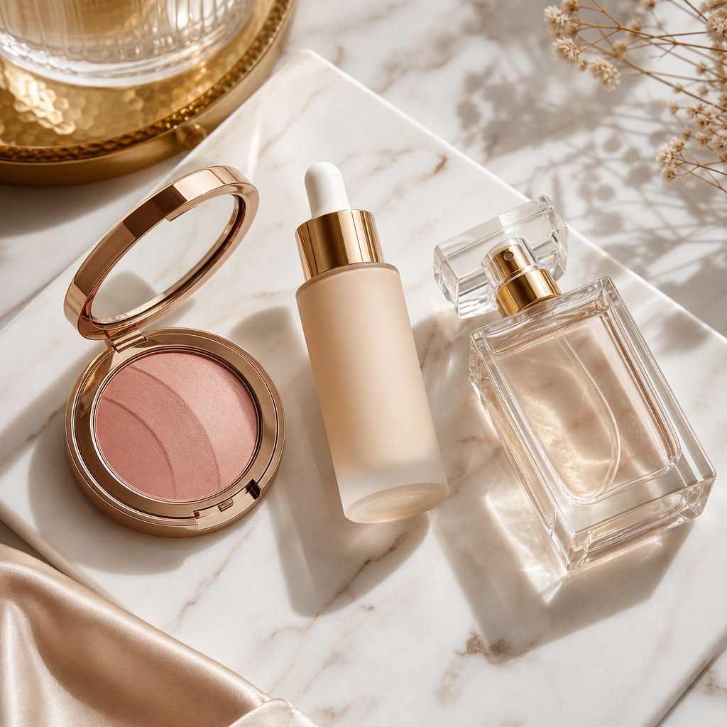Luxury beauty flatlay featuring a beige serum bottle, blush compact, and gold-capped perfume on a marble surface