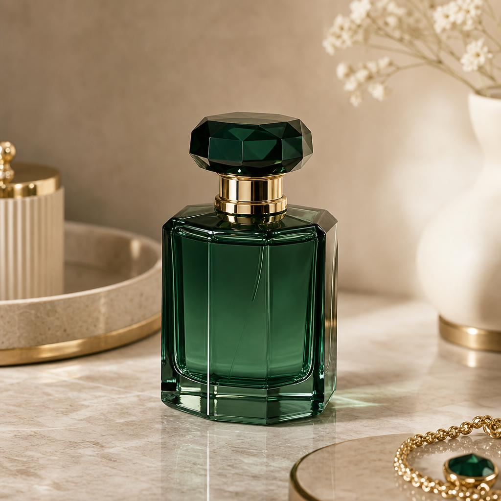 Elegant green glass fragrance bottle on a stone vanity with soft reflections