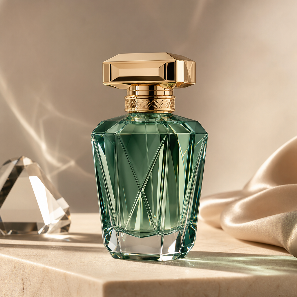 Crystal perfume bottle with emerald tint and gold cap on a neutral background