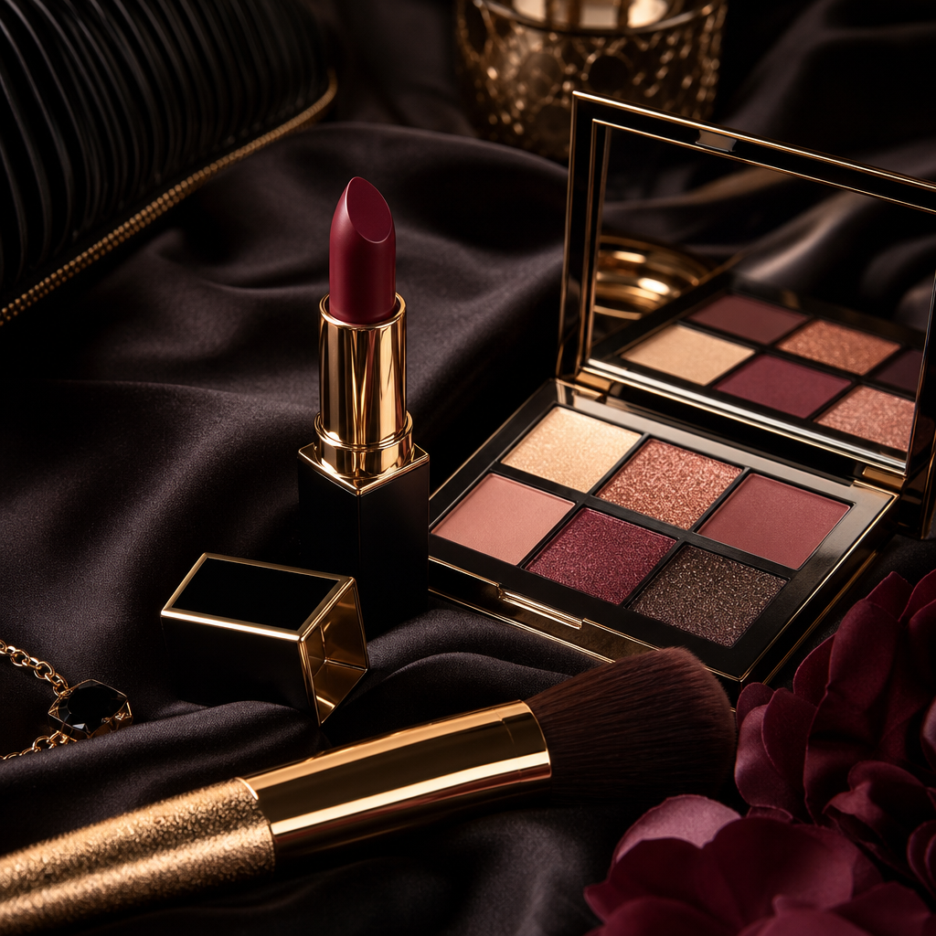 Dramatic evening glam makeup set with deep berry lipstick, metallic eyeshadow palette, and gold brush