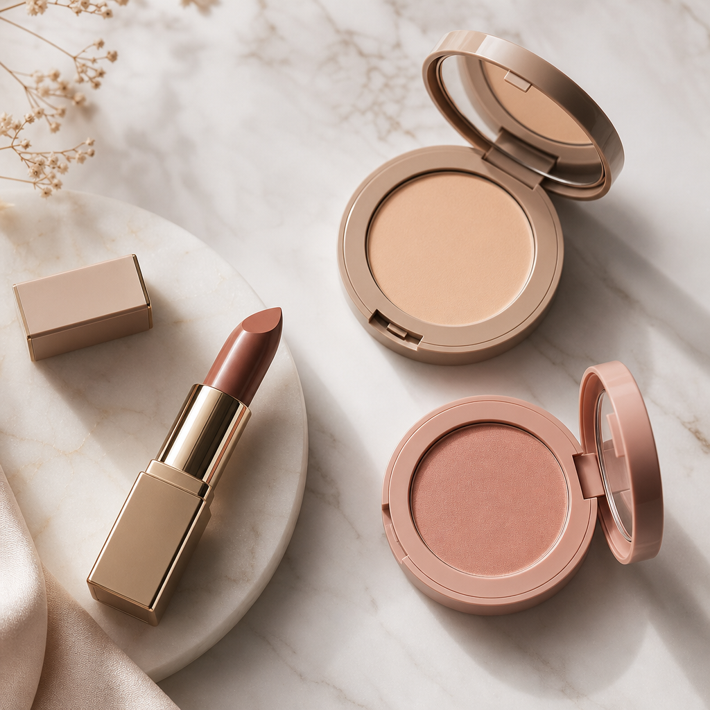 Minimalist everyday makeup kit with nude lipstick, compact powder, and soft blush on a marble surface