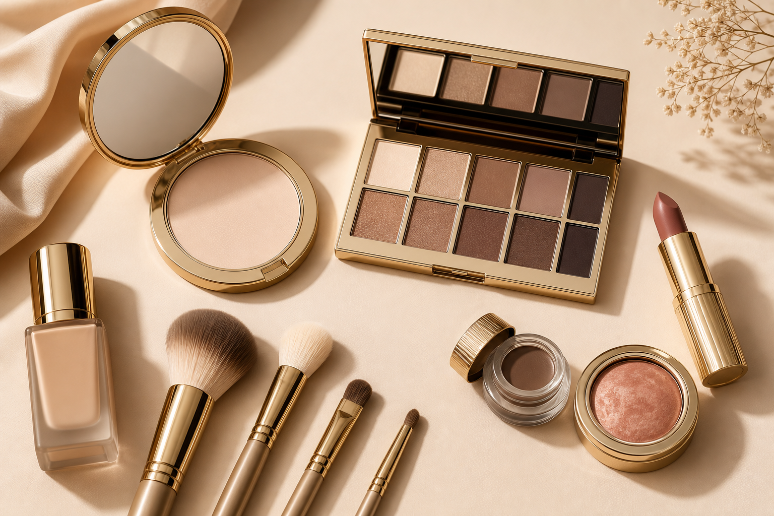 Luxury makeup flat lay with gold-handled brushes, compact, and neutral palette