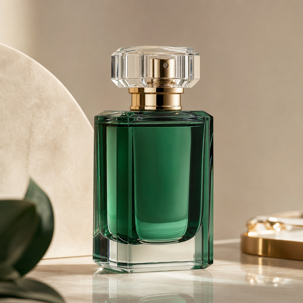 Modern emerald-tinted fragrance bottle with a clear sculpted cap and soft reflections
