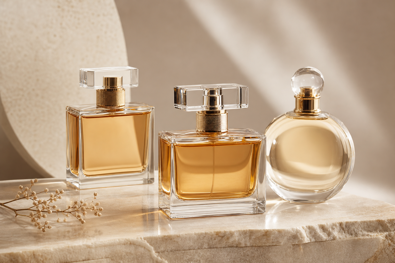 minimalist perfume bottles with soft reflections and amber liquid