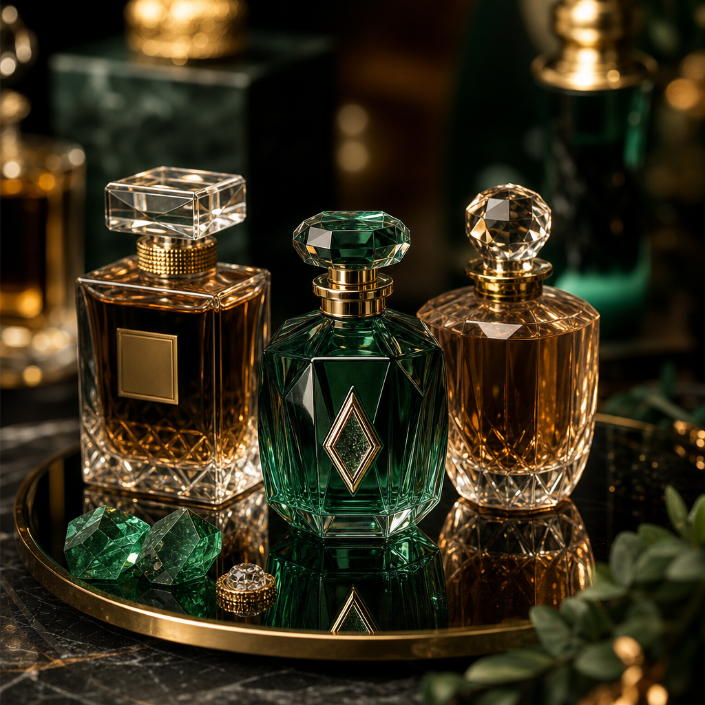 Crystal fragrance bottles with emerald and amber accents on dark mirror