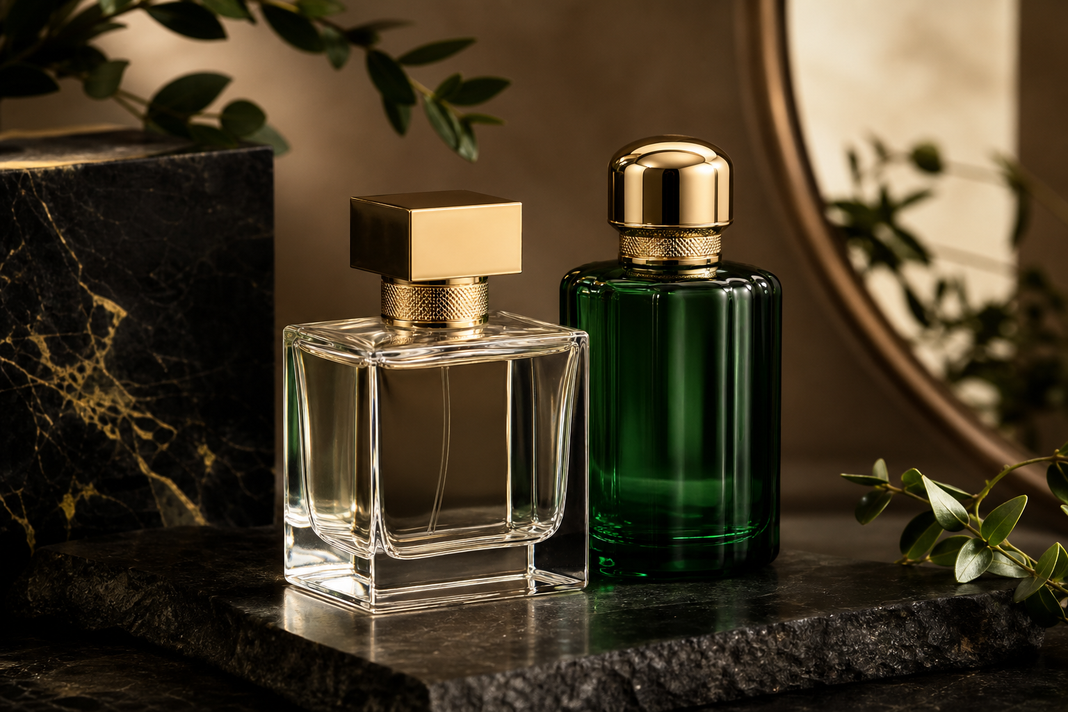 Elegant perfume bottles in clear and emerald glass on a dark stone surface