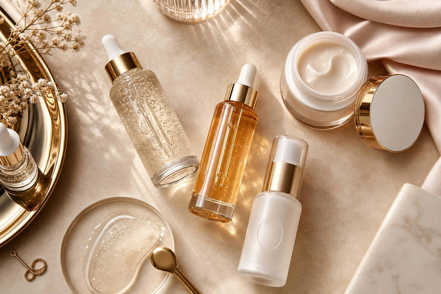 Elegant flat lay of glow skincare essentials with glass bottles, warm beige tones, and shimmering gold accents