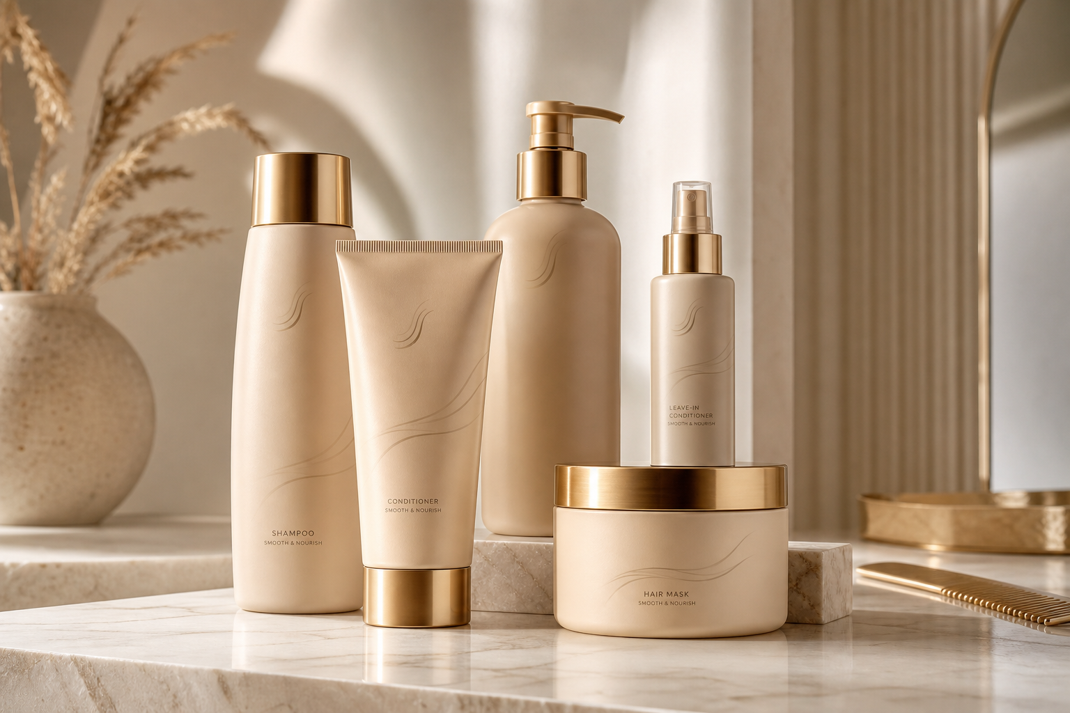 sleek haircare bottles in warm beige with golden caps on marble
