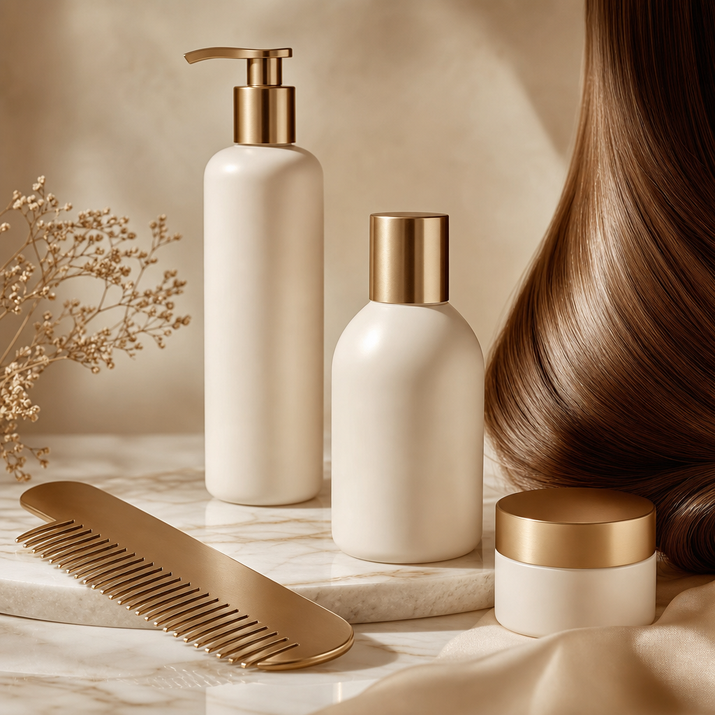 Elegant haircare bottles in ivory and gold beside silky strands and comb