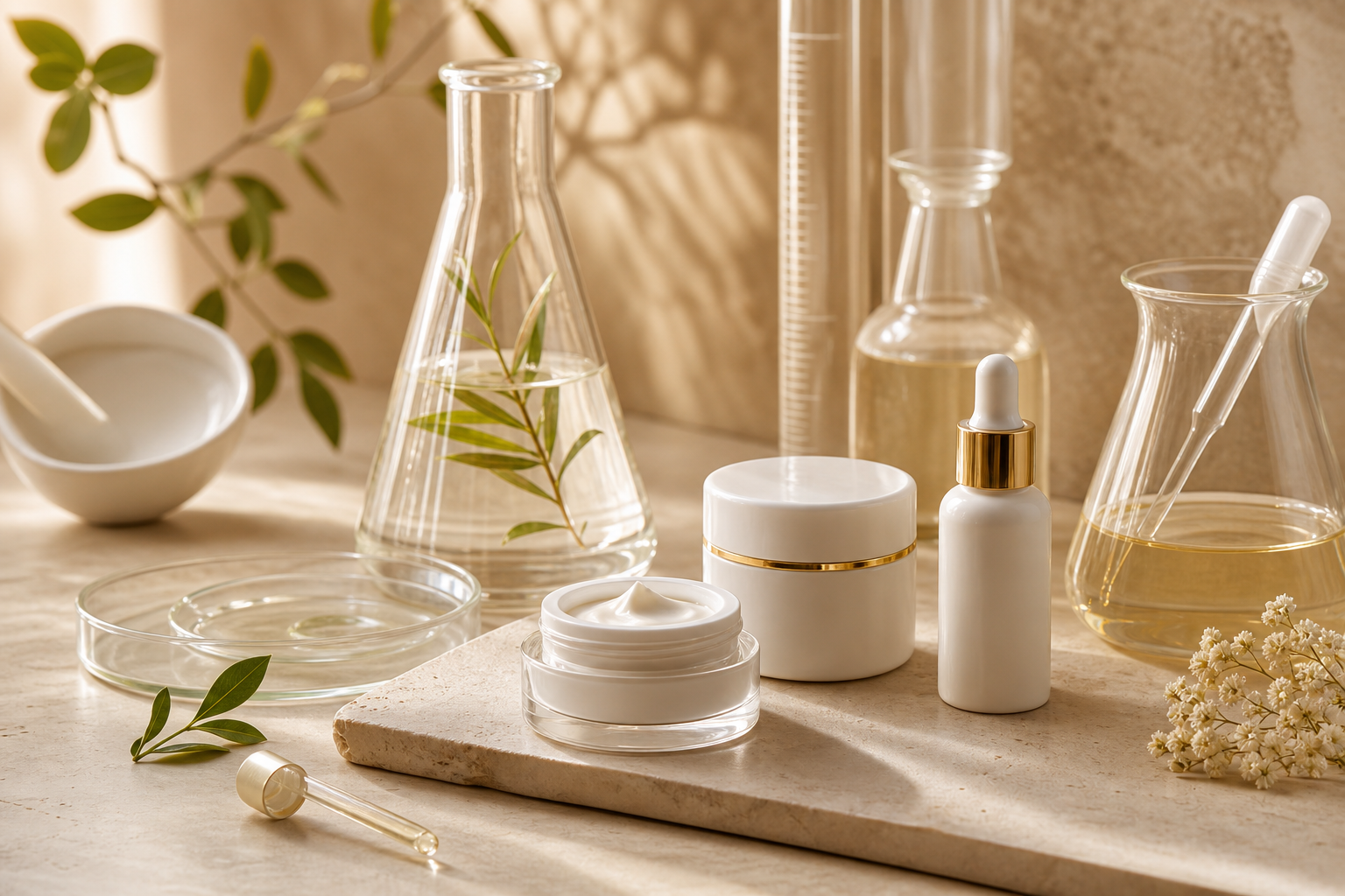 A minimalist beauty lab scene with glass beakers, warm beige surfaces, and soft golden light highlighting clean ingredients.