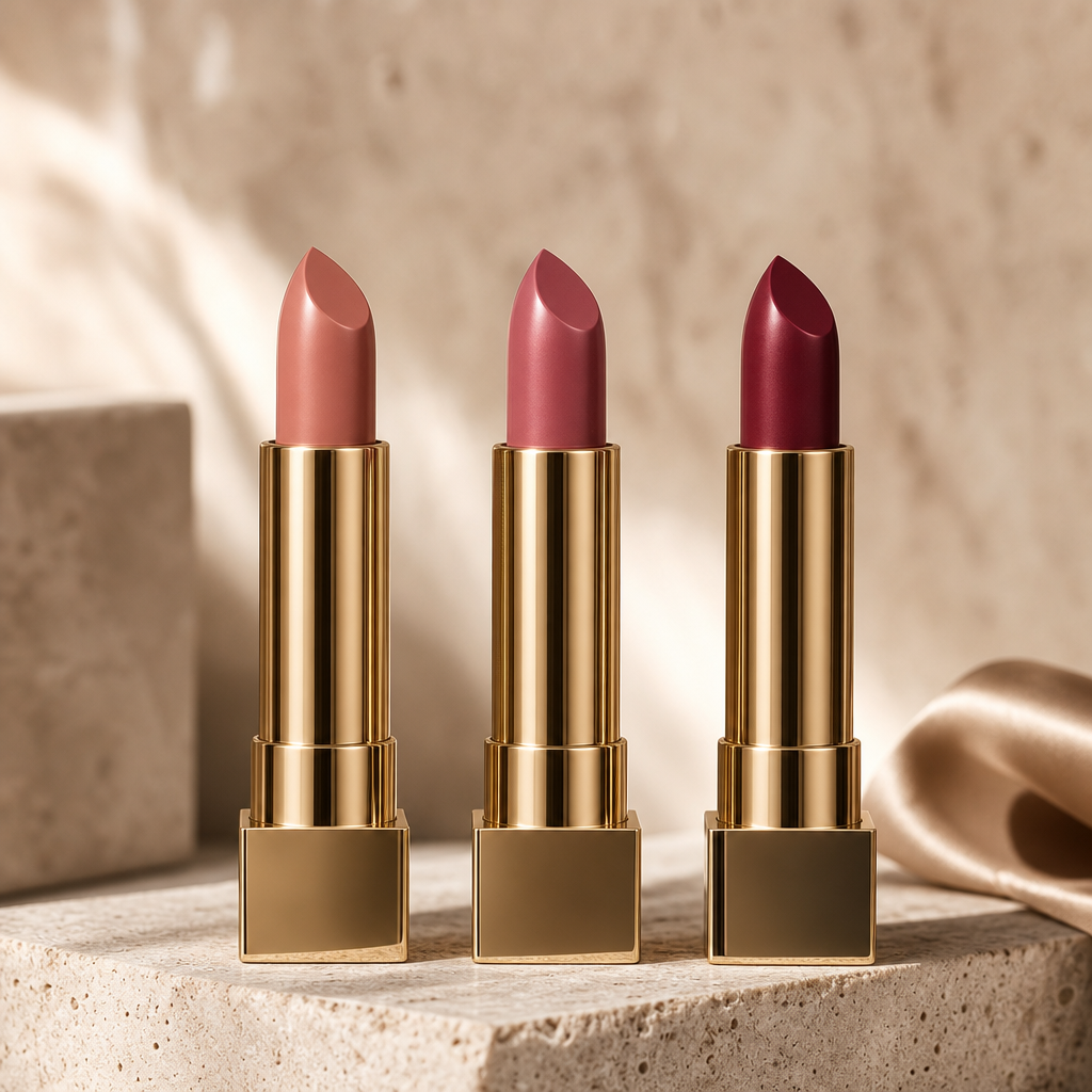 Three luxury lipstick bullets in blush, rose, and deep berry shades with gold casings