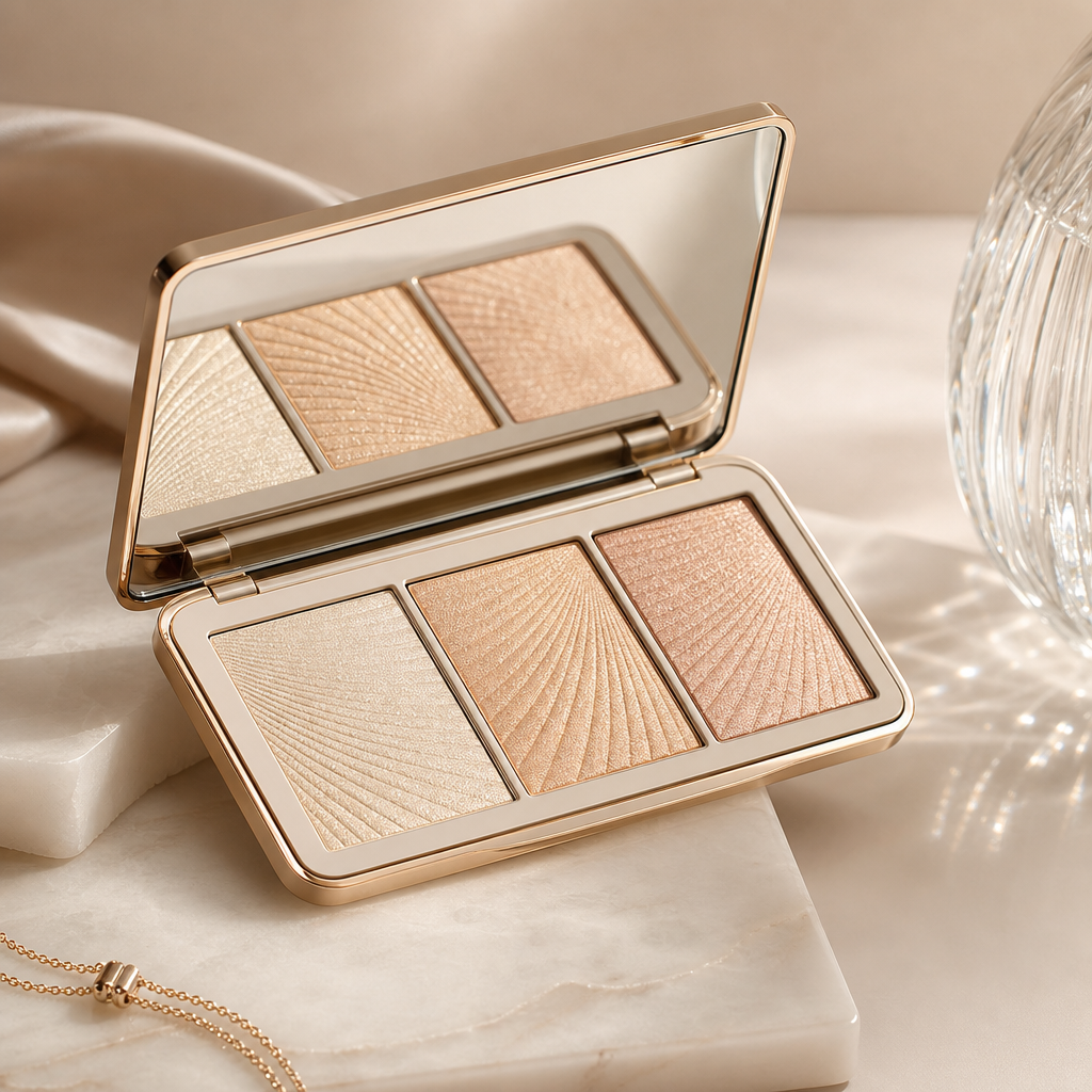 Compact highlighter palette with three champagne shades and mirrored lid