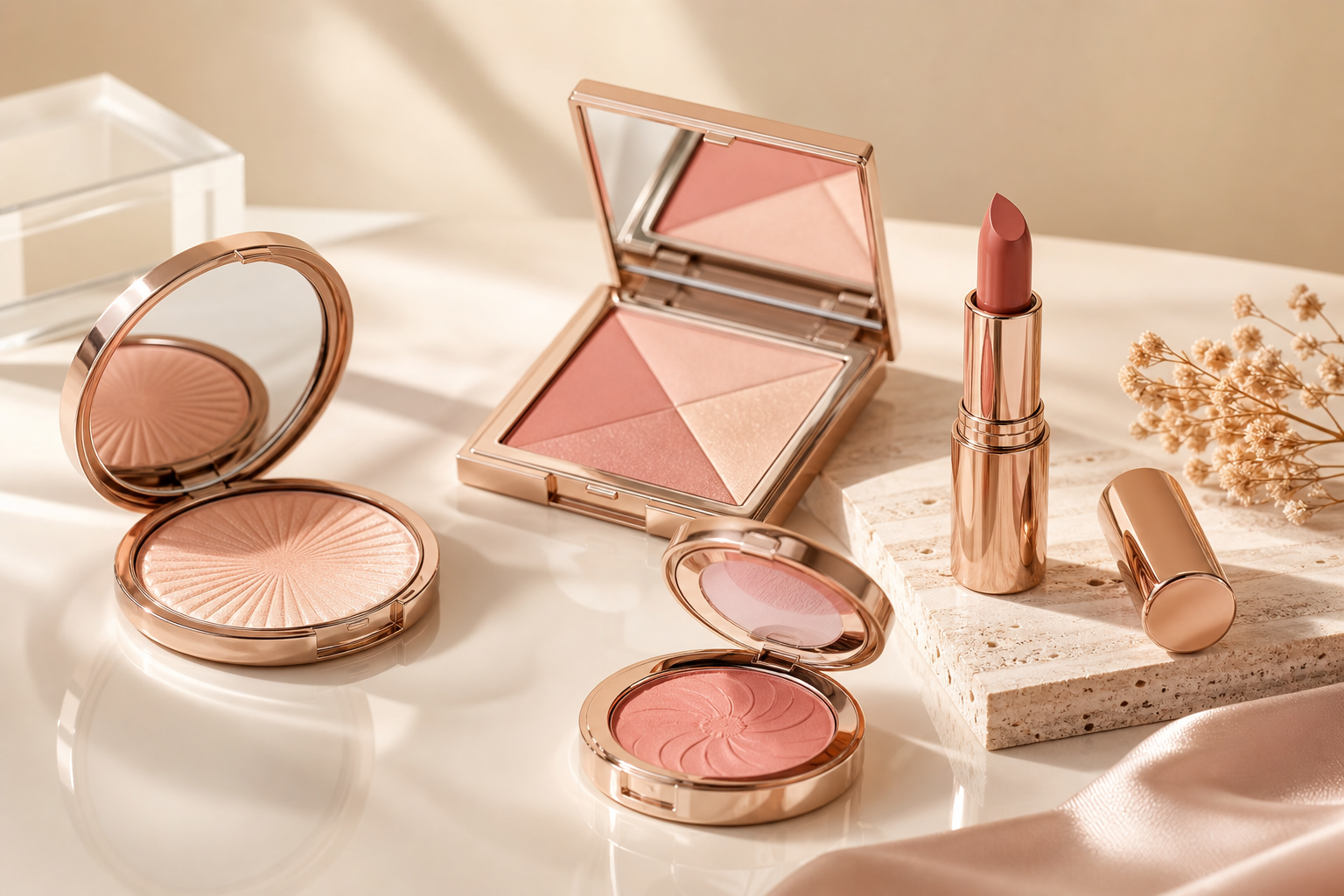 assorted premium makeup compacts with blush and lipstick in soft tones