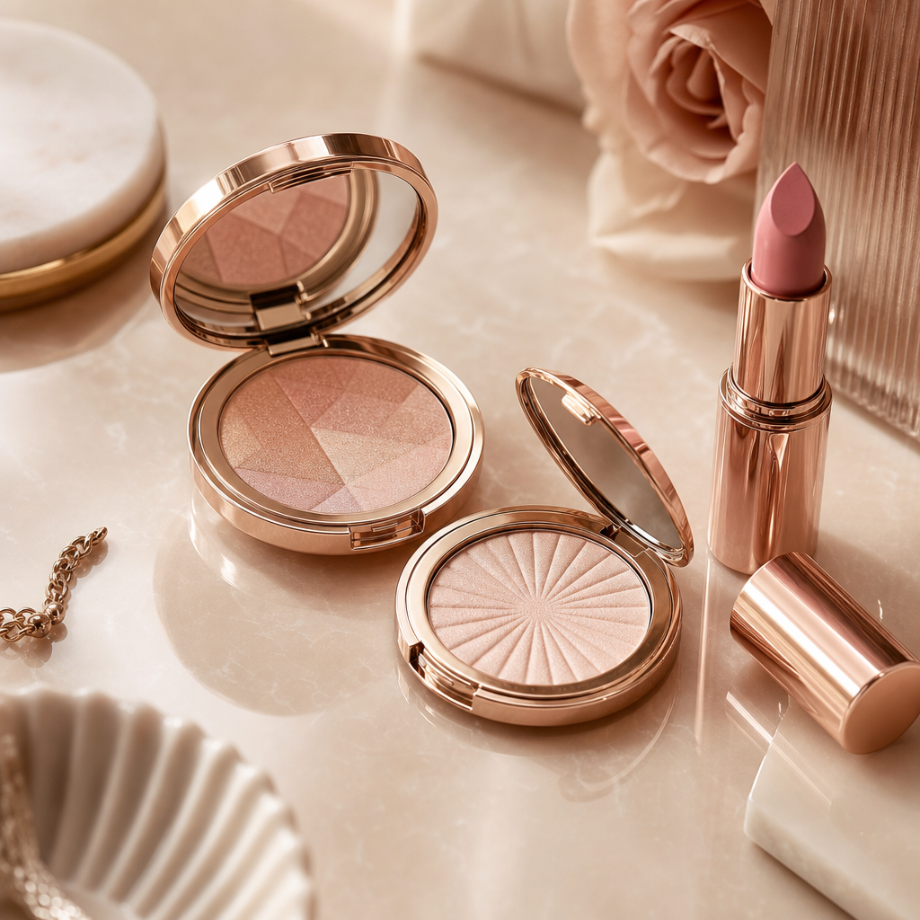 Luxury makeup compacts and lipstick in soft blush tones on glossy surface