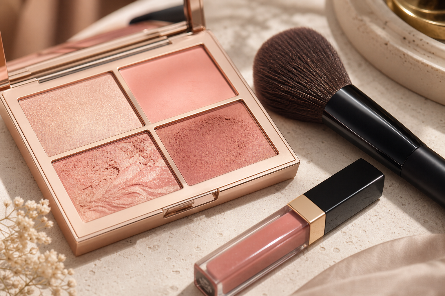 Close-up of a blush-toned makeup palette with soft brushes and a glossy lip tint
